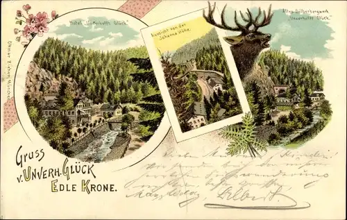 Litho Edle Krone Klingenberg Erzgebirge, Hotel Unverhofft Glück, altes Silberbergwerk, Johannshöhe