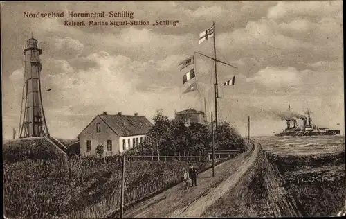Ak Horumersiel Schillig Wangerland Friesland, Kaiserliche Marine Signat Station, Kriegsschiff