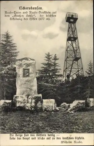 Ak Eschershausen in Niedersachsen, Raabe Turm und Raabe Denkstein a.d. Großen Sohle