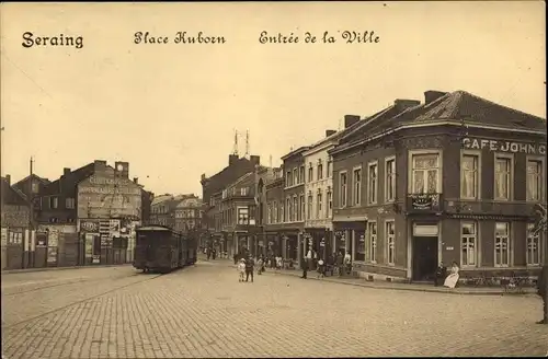 Ak Seraing Wallonien Lüttich, Place Kuborn, Entrée de la Ville, chemin de fer, Cafe John