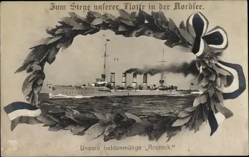 Passepartout Ak Deutsches Kriegsschiff SMS Rostock, Sieg der deutschen Flotte in der Nordsee