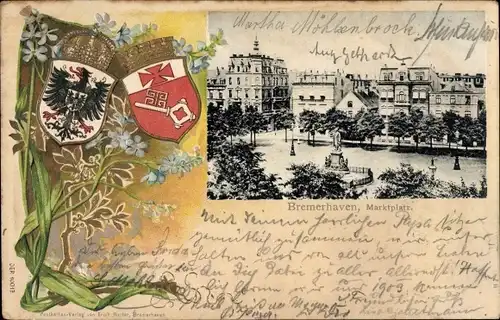 Präge Wappen Passepartout Ak Bremerhaven, Marktplatz