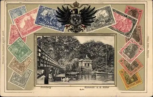 Briefmarken Präge Passepartout Ak Hamburg Eimsbüttel Rotherbaum, Rabenstraße an der Alster, Brücke