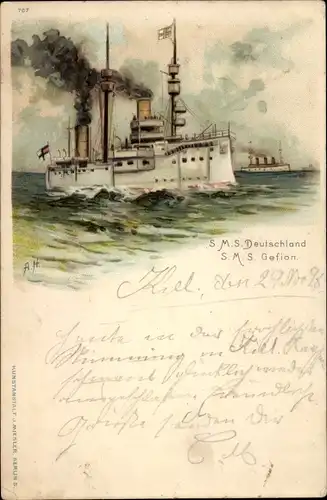 Künstler Litho Deutsches Kriegsschiff, SMS Deutschland, Linienschiff SMS Gefion, kleiner Kreuzer