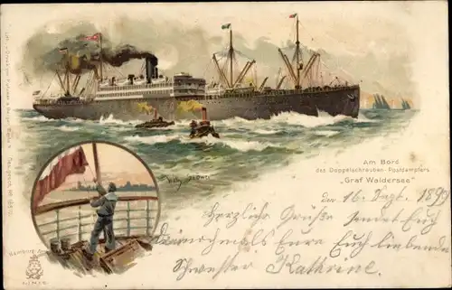 Künstler Litho Stöwer, Willy, Dampfschiff Graf Waldersee, Postdampfer, HAPAG