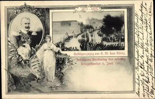 Passepartout Ak Stuttgart, Württ. Kriegerbund, Jubiläumsbundestag 1902, Huldigungszug vor dem König