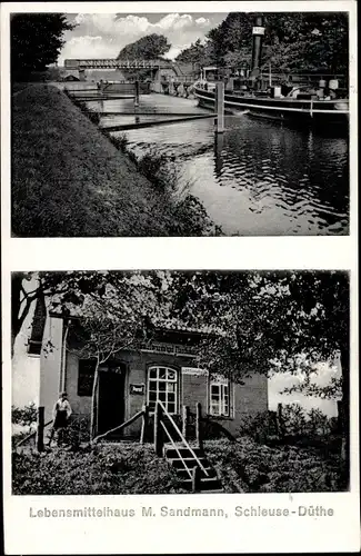 Ak Düthe Fresenburg Emsland, Lebensmittelhaus M. Sandmann, Blick auf die Schleuse