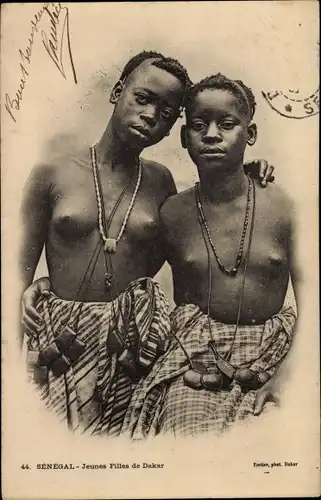 Ak Senegal, Jeunes Filles de Dakar, Zwei Afrikanerinnen, Barbusig, Portrait, Halsschmuck