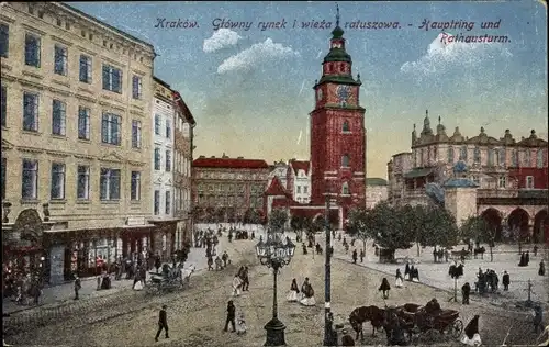 Ak Kraków Krakau Polen, Hauptring und Rathausturm