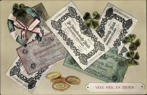 Ak Niederlande, Veel Heil en Zegen, Kleeblätter, Münzen, Geldscheine, Hufeisen, Gulden