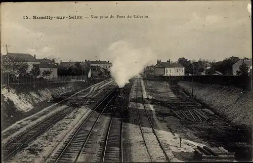 Ak Romilly sur Seine Aube, Vue prise du Pont du Calvaire, Dampflok