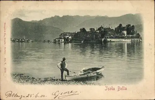 Ak Isola Bella Lago Maggiore Piemonte, Blick zur Insel, Mann mit Ruderboot