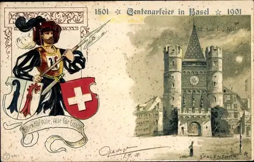 Präge Wappen Litho Bâle Basel Stadt Schweiz, Centenarfeier 1901, Wache mit Hellebarde, Spalentor