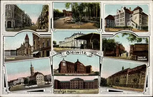 Ak Gliwice Gleiwitz Schlesien, Wilhelmstraße, Waldschloss, Mittelschule, Ulanenkaserne