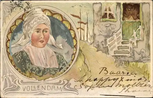 Litho Volendam Nordholland Niederlande, Frau in Tracht