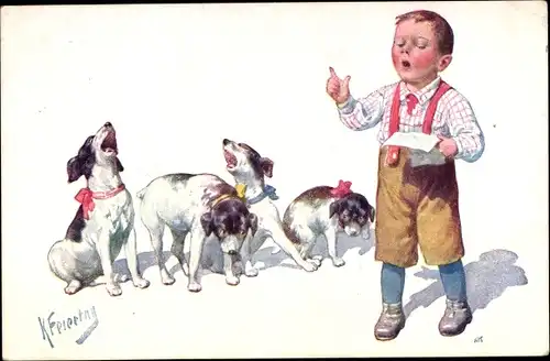 Künstler Ak Feiertag, Karl, Junge und singende Hunde
