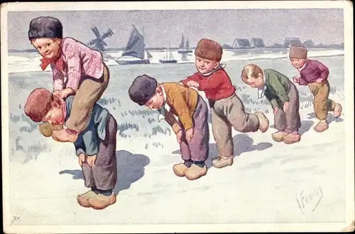 Künstler Ak Feiertag, K., Niederländische Tracht, Kinder, Bockspringen