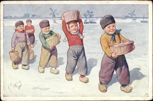 Künstler Ak Feiertag, K., Niederländische Tracht, Jungen tragen Körbe