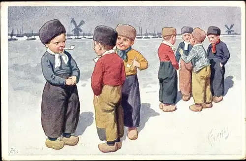 Künstler Ak Feiertag, Karl, Jungen in niederländischen Trachten, Pfeifen