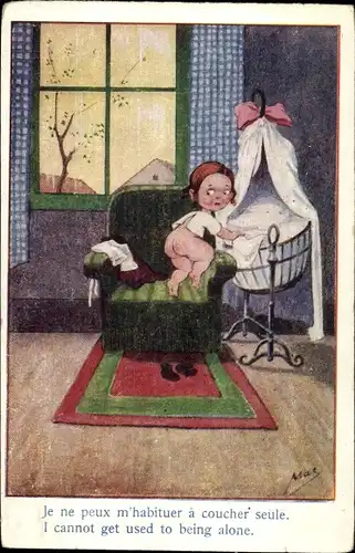 Künstler Ak Je ne peux m'habituer a coucheur seule, Kind steigt in die Wiege