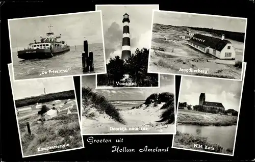 Ak Hollum Ameland Friesland Niederlande, Schiff de Friesland, Jeugdherberg, Kampeertrerrein, Kerk