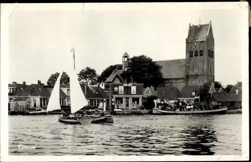 Ak Grouw Grou Friesland Niederlande, Wasser, Kirche, Segelboot