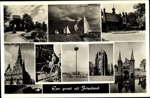 Ak Friesland Niederlande, Teilansichten, Segelboote, Turm, Storchennest, Kutsche