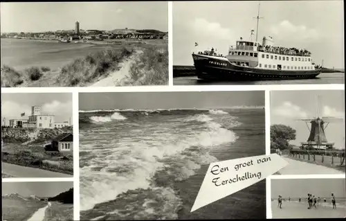 Ak Terschelling Friesland Niederlande, Strand, Schiff, Windmühle, Leuchtturm