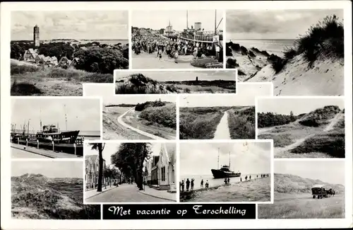 Ak Terschelling Friesland Niederlande, Panorama, Dünen, Schiff, Kutsche, Meer, Ortsansicht