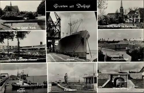 Ak Delfzijl Groningen, Geref. Kerk, N.H. Kerk Farmsum, Openluchtbad, Haven, Zeesluizen, Waterpoort