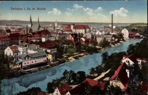 Ak Zwickau in Sachsen, Panorama, Kirchturm, Mulde