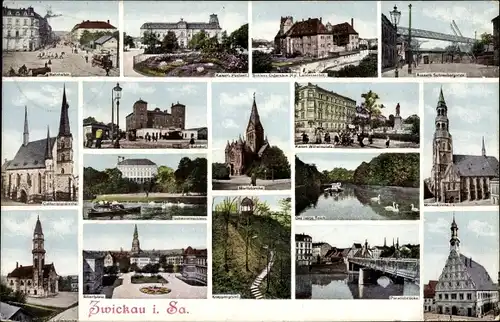 Ak Zwickau in Sachsen, Albertplatz, Paradiesbrücke, Hauptbahnhof, Schwanenteich