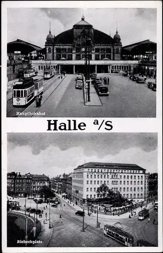 Ak Halle an der Saale, Hauptbahnhof, Straßenbahnen, Hotel Goldene Kugel, Riebeckplatz