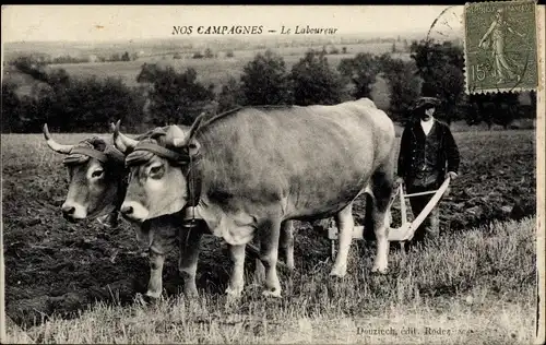 Ak Nos Campagnes, le Laboureur, Bauer mit Rinderpflug auf dem Feld