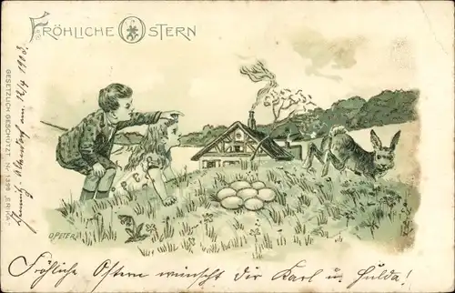 Präge Litho Glückwunsch Ostern, Junge und Mädchen bei der Eiersuche, Hase