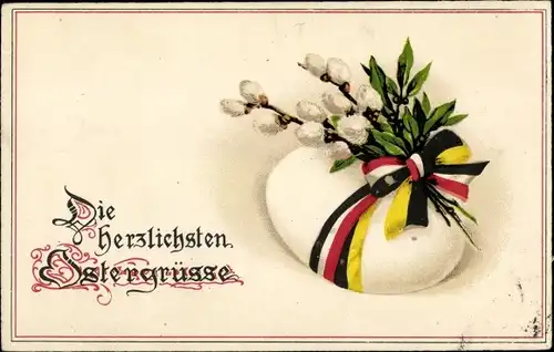 Ak Glückwunsch Ostern, Patriotisches Osterei, Weidenkätzchen, Lorbeer