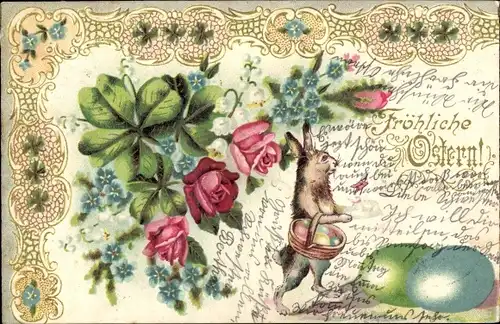 Präge Litho Glückwunsch Ostern, Hase mit Eierkorb, Kleeblätter