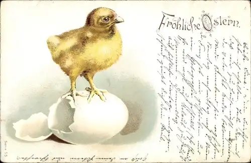 Litho Glückwunsch Ostern, Küken ist aus dem Ei geschlüpft