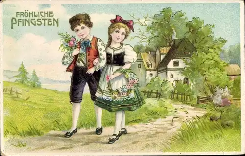 Ak Glückwunsch Pfingsten, Junge und Mädchen gehen spazieren