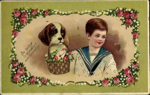 Ak Glückwunsch Geburtstag, Junge und Hund, Rosenblüten
