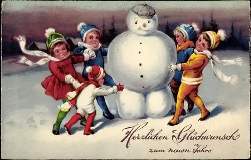 Ak Glückwunsch Neujahr, Kinder tanzen um einen Schneemann