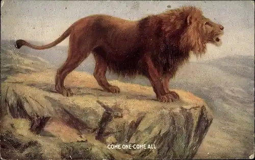 Ak Come one, come all, Löwe auf einem Felsen