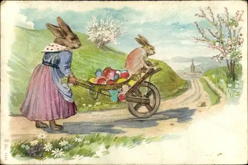 Ak Glückwunsch Ostern, Vermenschlichte Hasen, Häsin schiebt Schubkarre, Eier