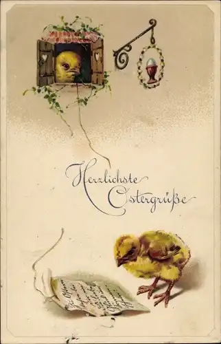 Präge Ak Glückwunsch Ostern, Zwei Küken, Brief