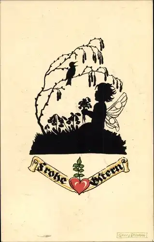 Scherenschnitt Künstler Ak Plischke, Georg, Glückwunsch Ostern, Elfe, Himmelschlüssel