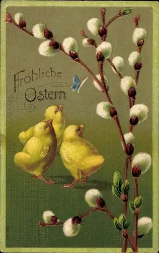 Präge Ak Glückwunsch Ostern, Küken beobachten einen Schmetterling, Weidenkätzchen