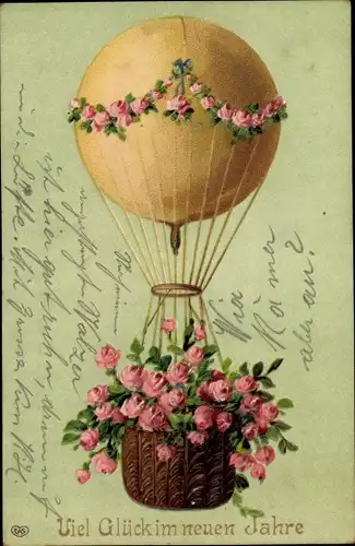 Präge Litho Glückwunsch Neujahr, Ballon mit Rosen