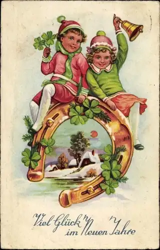 Ak Glückwunsch Neujahr, Kinder sitzen auf einem Hufeisen, Kleeblätter, Glocke