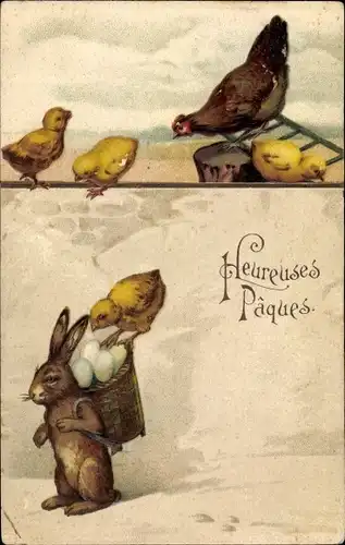 Ak Glückwunsch Ostern, Hase mit Rückentrage, Eier, Küken, Huhn