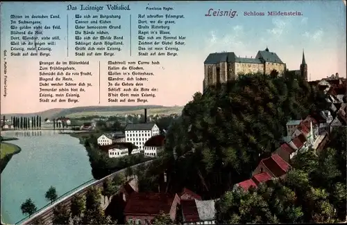 Ak Leisnig an der Freiberger Mulde Sachsen, Blick auf das Schloss Mildenstein, Leisniger Volkslied